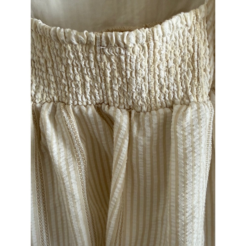 Free People Striped Babydoll Mini Dress Tan Cream Puff Sleeve Smocked Back M - Picture 5 of 8